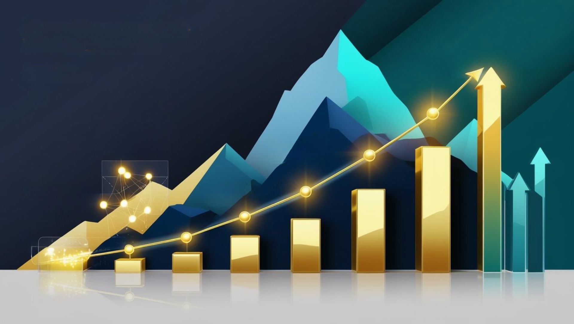 Image illustrating AI-Enhanced Strategy Consulting with gold growth bars and upward trend line.